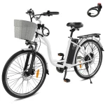 350W Electric Commuter Bike for Adults, 26 Cruiser Ebike with 36V 12.5AH Removable Battery, Shimano 6-Speed, Dual Shock Absorber, Basket